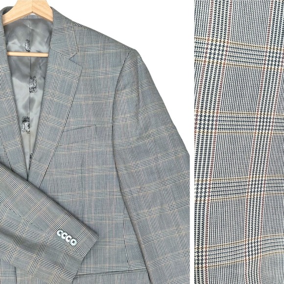 AUSTIN REED Men's 42 L Jacket Blazer Windowpane Plaid Gray Two Button Silk Wool - Picture 1 of 16